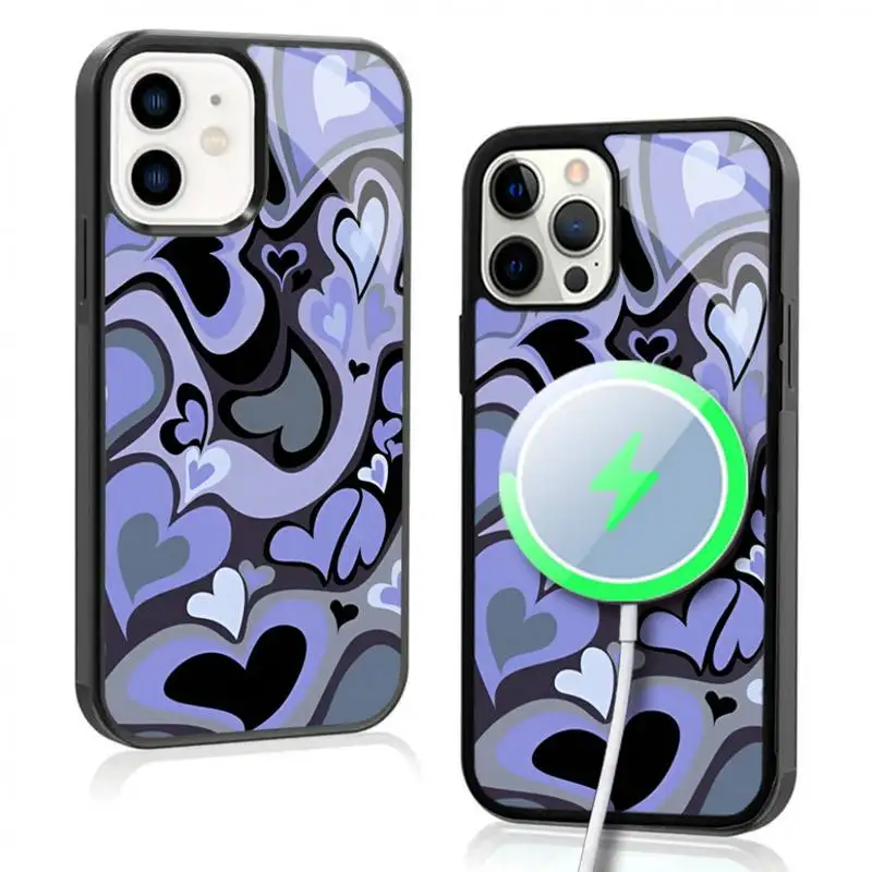 Patent Heart Swirl Pattern Phone Case For IPhone 11 12 13 14 15 Plus Pro Max Mirror Acrylic Cover For Magsafe Wireless Charging