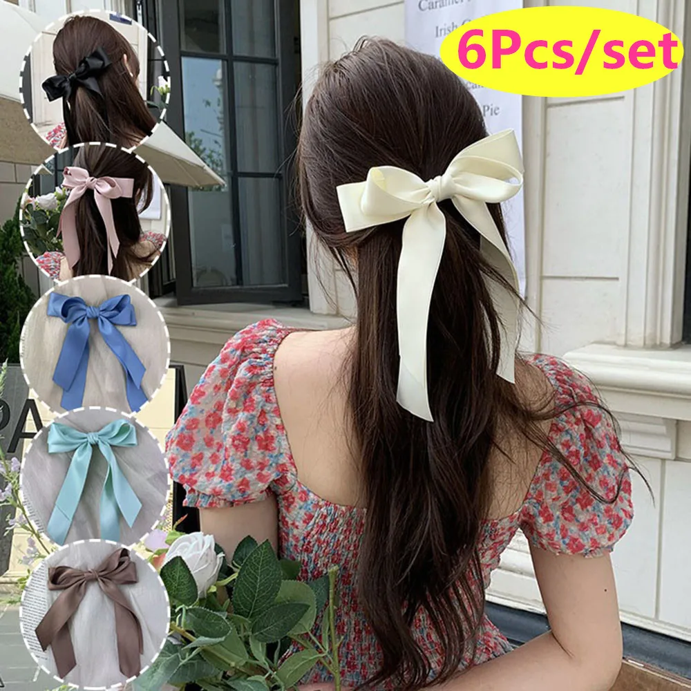 

6Pcs/Set New Bow Ribbon Bows Hairpins Set Korean Summer Hair Clip Back Of Head Hairpin Top Clips Double-layer Bowknot Headwear