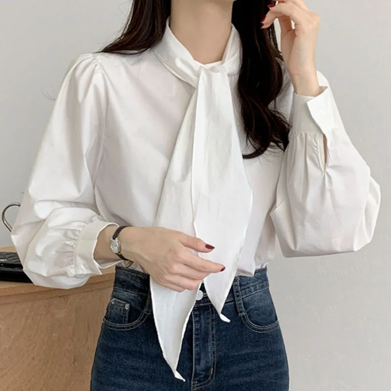 エレガントなリボン襟シャツ女性のための韓国のファッション女性服春女性ルーズブラウス長袖トップス Camisas デ Mujer