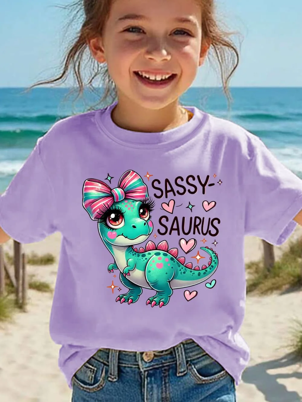 Girls' Kawaii Cartoon Dinosaur Graphic T-Shirt Cute Pink Bow Hearts Print T-Shirt Kids Short Sleeve Tee Y2k Children's Clothing