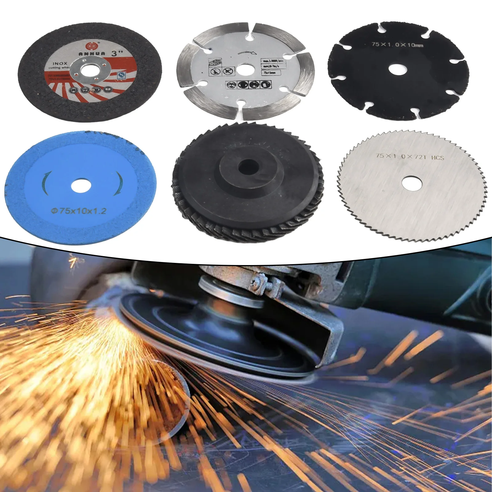 6pcs 75mm Cutting Disc Set For Angle Grinder Metal Wood Stone Ceramic Polishing Grinding Wheel Accessories 3 Inch 10mm Bore