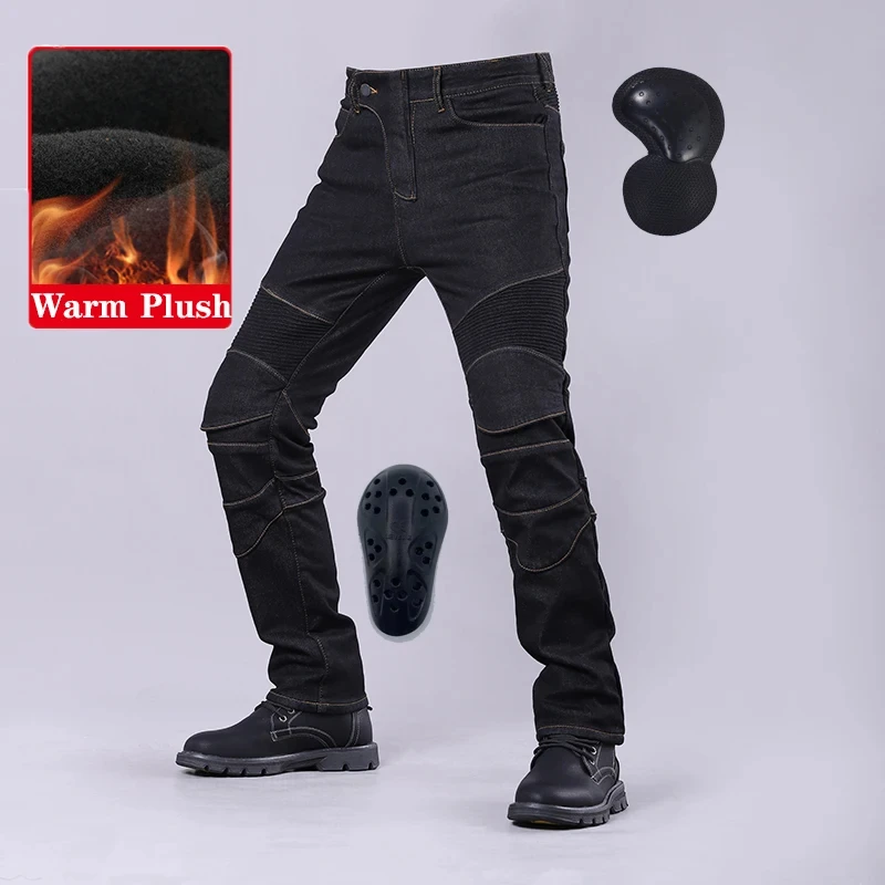 Winter Autumn Motorcycle Jeans Plus Thick Plush Outdoor Riding Warm Windproof Anti-fall Winter Pants With Protective Gear