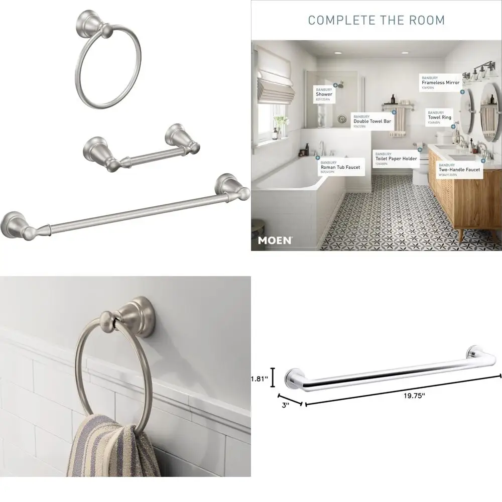 

3-Piece Bath Accessory Kit Brushed Nickel Finish, Modern Bathroom Hardware Set with Towel Bar, Toilet Paper Holder, and Robe Hoo