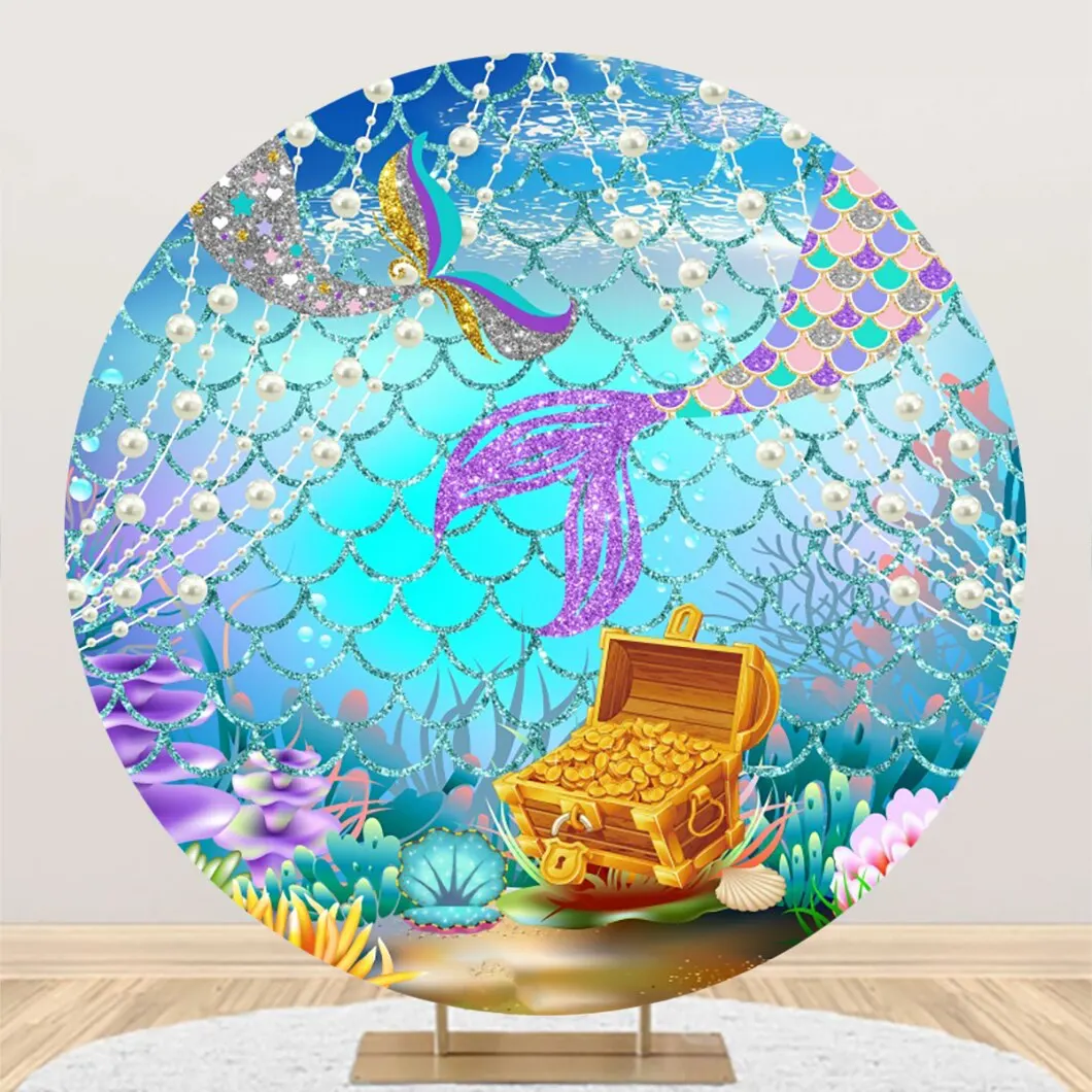 Undersea Mermaid Round Backdrop Cover Baby Shower Kids Birthday Party Elasticity Circle Photography Background Photo Studio Prop