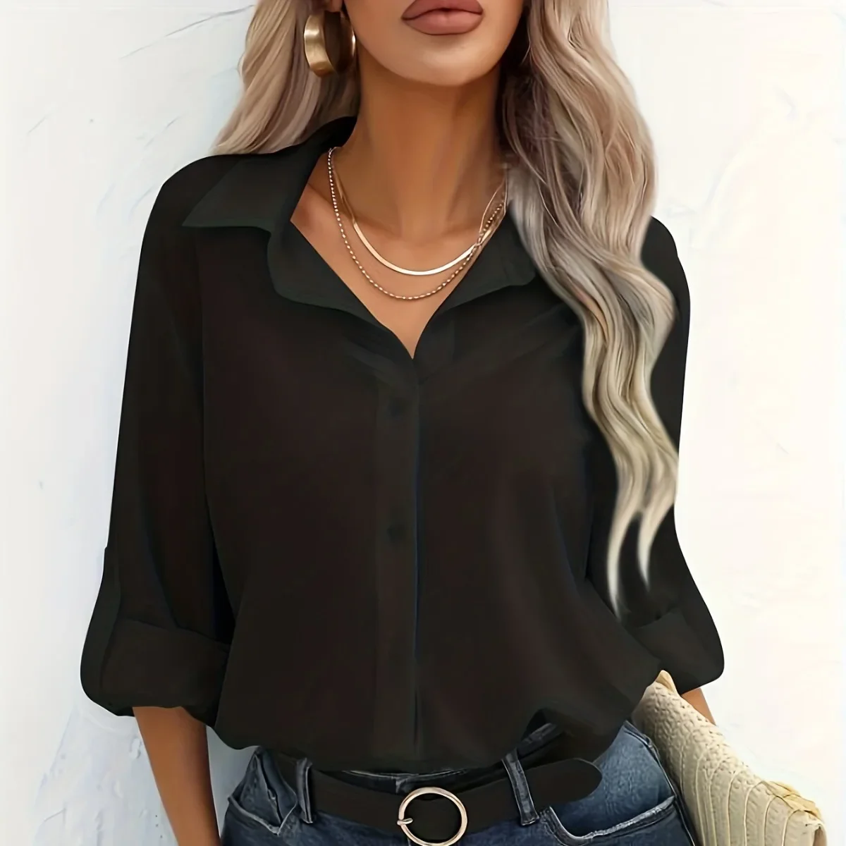 Camisas de manga larga para mujer, blusas holgadas informales de Color liso con cuello vuelto, Tops de botonadura única, primavera y otoño, 2024