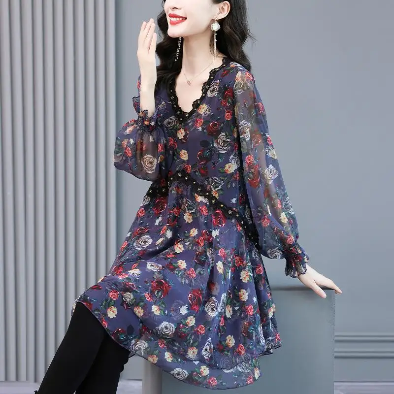 2024 Spring Summer New Office Lady Patchwork V-neck Long Sleeve Ladies Fashion Floral Mid Length Top Women Clothing Korean Tops