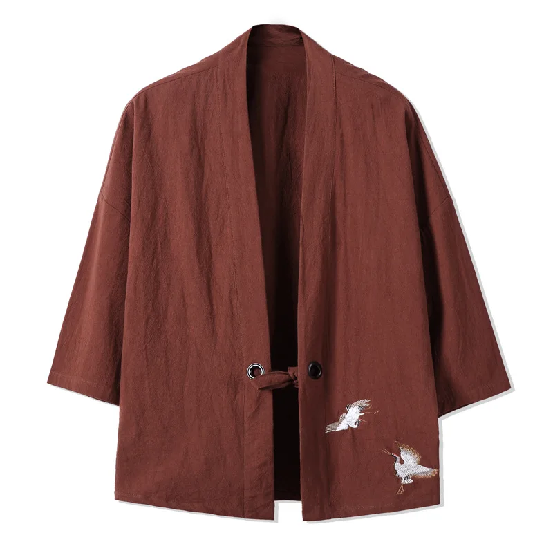 Chinese Style Crane Embroidery Haori Kimono Harajuku Japanese Style Men Samurai Costume Yukata Asian Clothes Cardigan Jacket