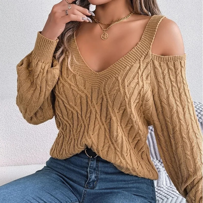 Autumn and Winter Women\'s Pullover V-neck Lantern Sleeve Solid Color Fried Dough Twists Loose Fashion Casual Sweater Tops