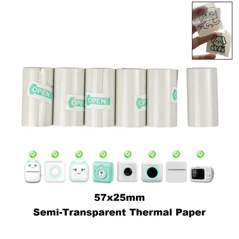 Mini Printer Translucent paper Self-adhesive Printing Paper Roll Direct Thermal Paper Transparent Printing Paper 57*25mm