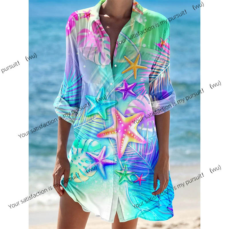 

ZOCI-Женский топ с длинными рукавами и 3D-принтом морской звезды, среднее и длинное платье с пуговицами и карманами, пляжная одежда