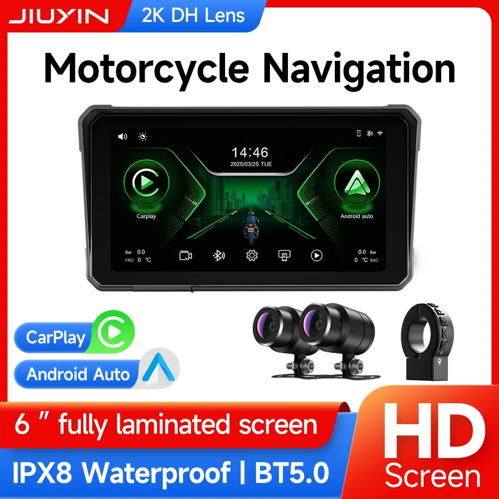 

JIUYIN 6-дюймовый портативный мотоциклетный плеер Carplay, навигация, беспроводной Android, водонепроницаемый экран, мотомонитор, 2K DVR, видеорегистратор, видеорегистратор
