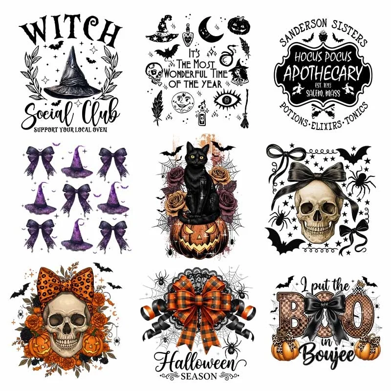 

Halloween DTF Iron On Print For T Shirts Jacket Witch Design Magic Transfer Print Hot Print Patch For Cloth Skeleton