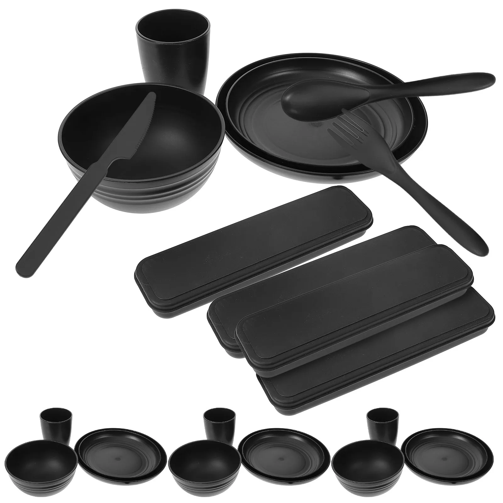 

4Sets Black Tableware Set Smooth Reusable Bowl for Noodles Soup Salad Portable Camping Utensils Set with Case for Outdoor Hiking