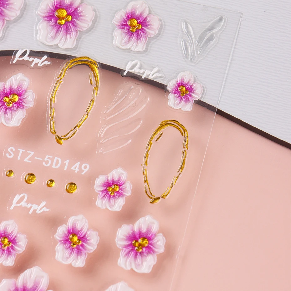 2 uds 5D en relieve Hada orquídea hibisco pegatina artística de uñas gradiente púrpura concha francesa DIY calcomanías deslizadores decoración de manicura puntas