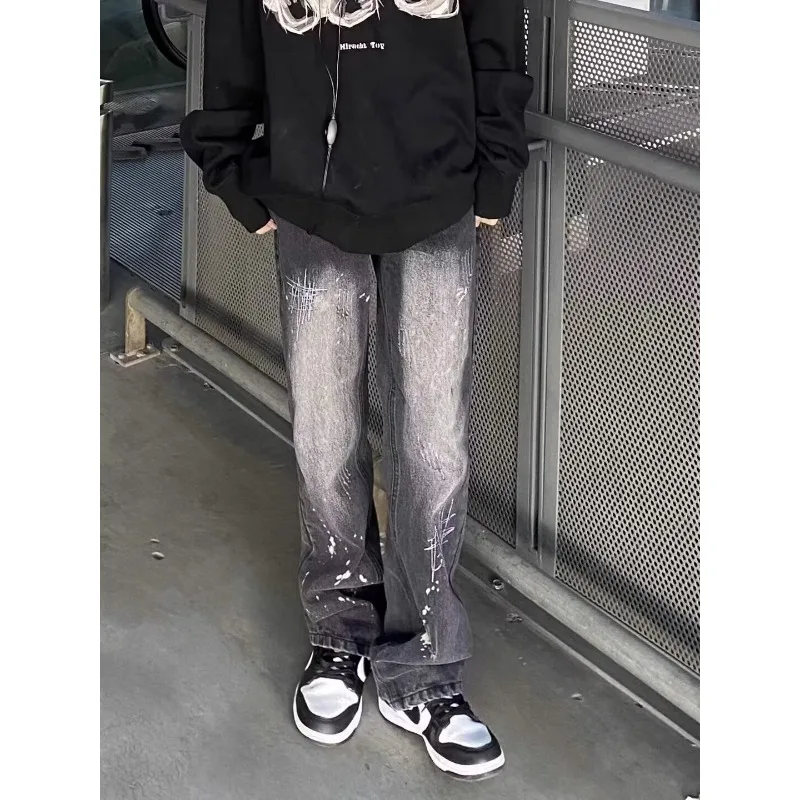 2026 New Mens Splash Ink Straight Leg Jeans Mid Rise Embroidery Decor Slim Fit Casual Denim Pants Street Long Trousers