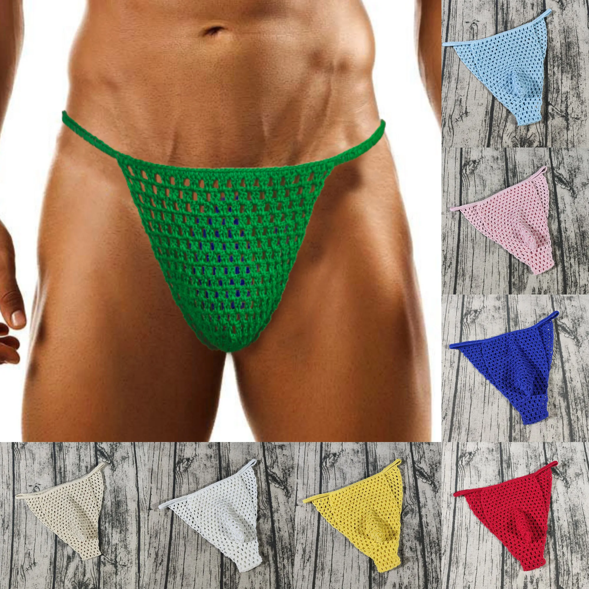 Ventilate Hand Crochet Elasticity Men Sexy thong string Underwear Lingerie sexy panties, Beach shorts men briefs