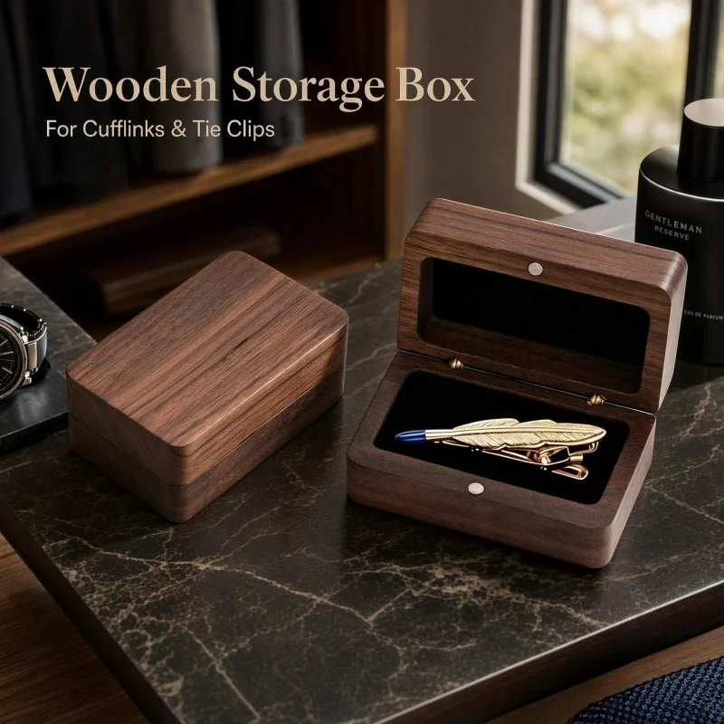 Walnut Wood Cufflink Box Tie Clip Storage Case Portable Wooden Jewelry Box for Men Cuff Links Gift Box with Magnetic Closure