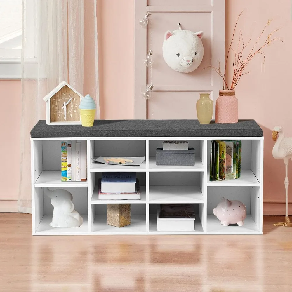 مقعد تخزين الأحذية على الرف قابل للتعديل مع وسادة، رف منظم 10 مكعبات للأحذية #5