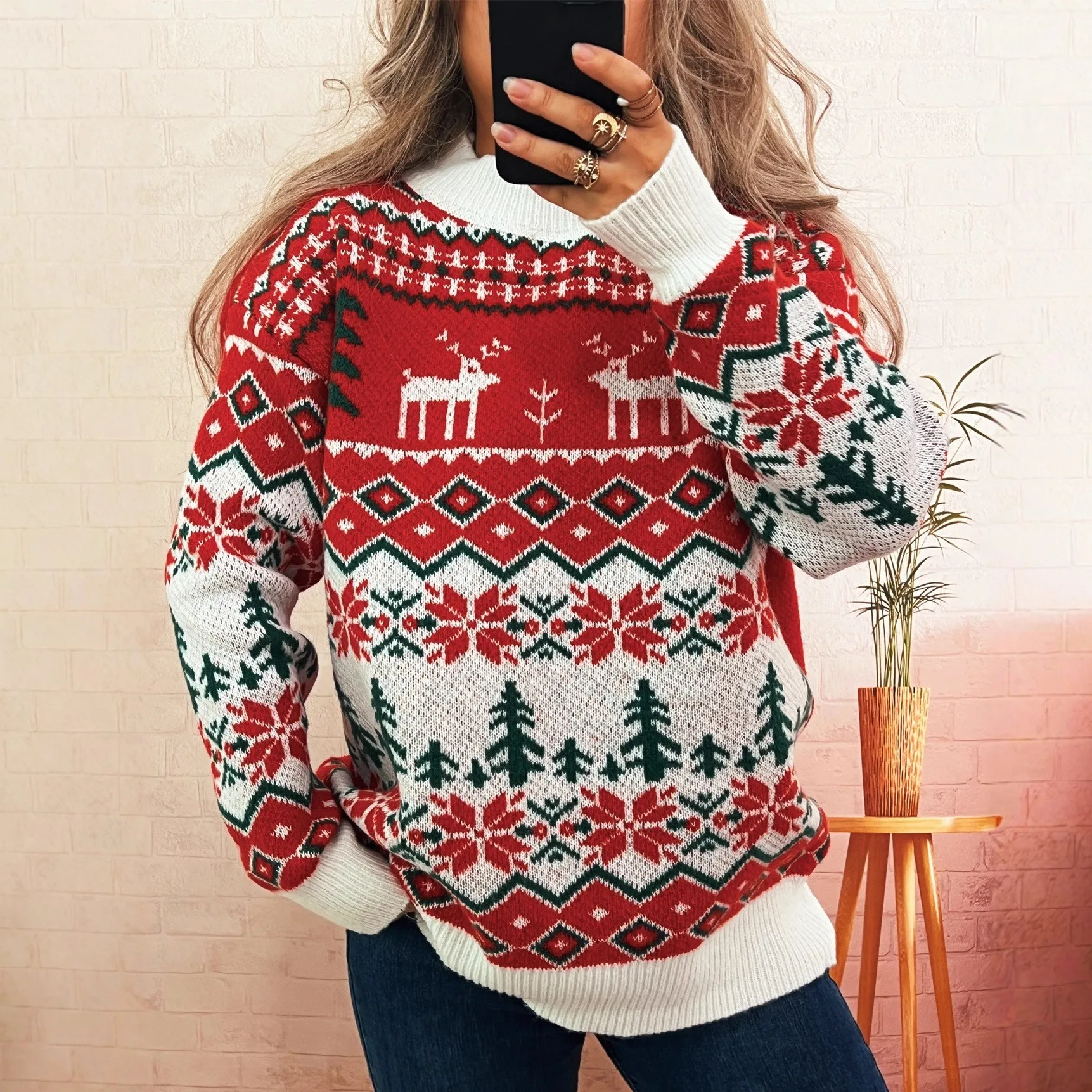 Round Neck Casual Sweater Regular Length Japanese Korean Casual with Crew Neck Long Sleeves Intarsia Pattern Women Sweater