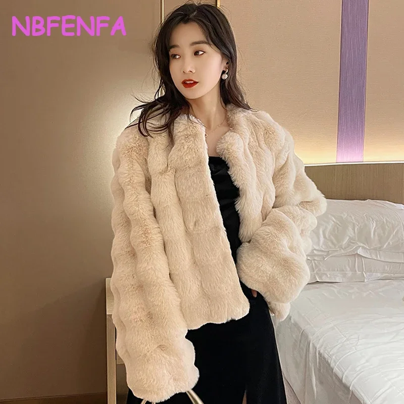 NBFENFA Women's Fashion Faux Fur Coat Autumn Winter Women Short Faux Fox Fur Fluffy Jacket High Quality 7xl Ladies Furry Coats