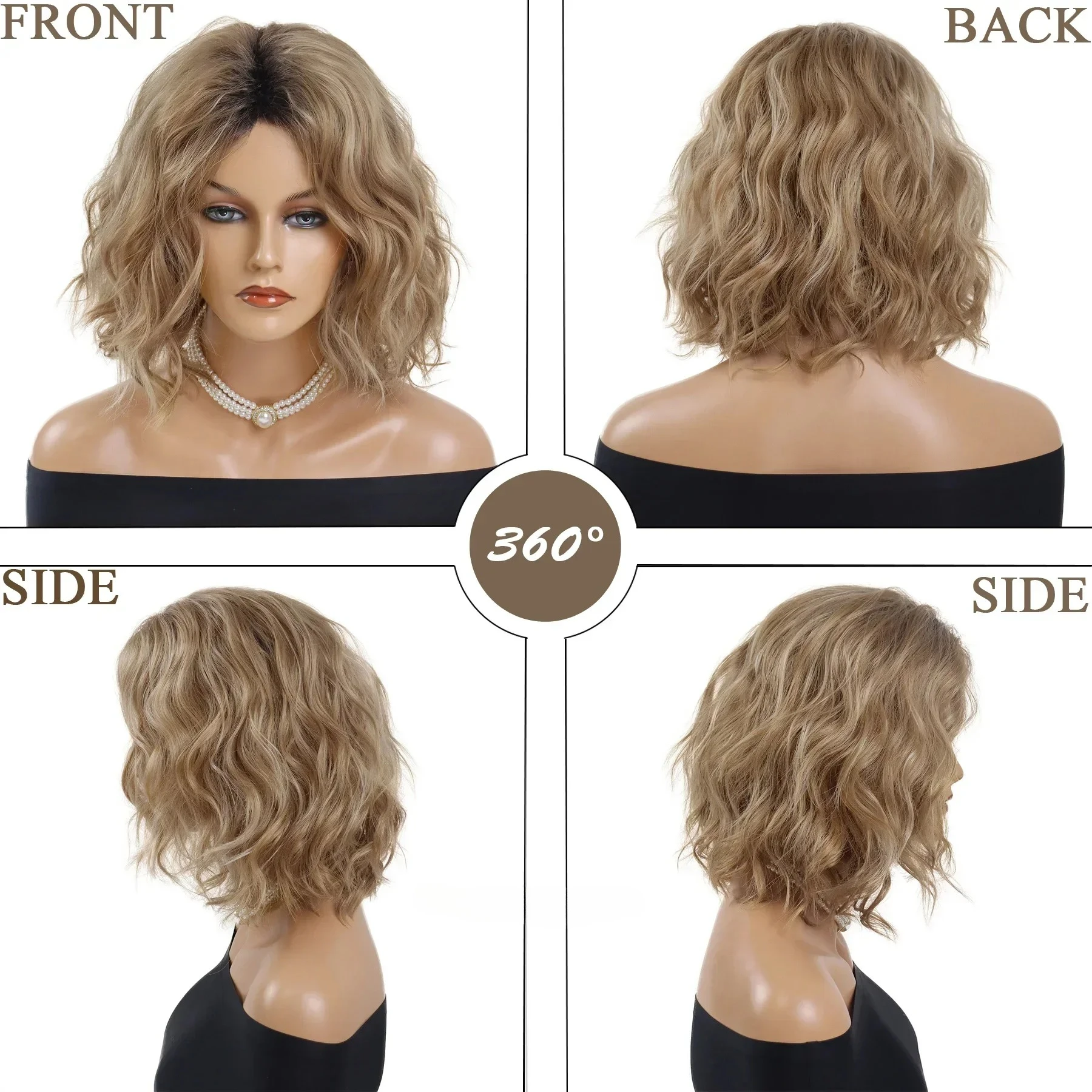 Wig Pirang Ombre Akar Gelap untuk Wanita Wig Bob Pendek Sintetis Gaya Rambut Gelombang Alami Wig Wanita Bergaya Serat Pesta Cosplay Harian