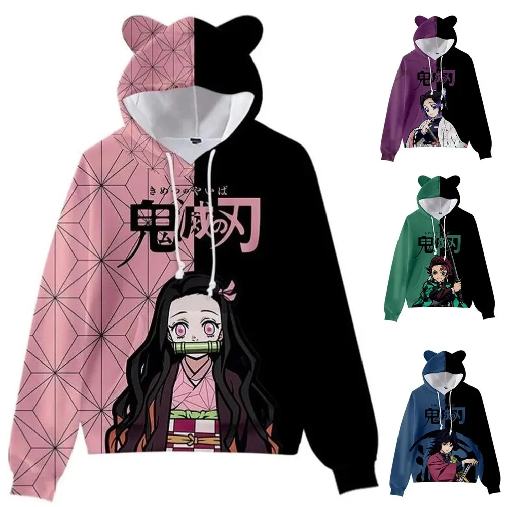 Anime Demon Slayer Hoodies for Women, Cat Ears, Cartoon Sweatshirt, 3D Tops, Cosplay Costume, Pullover, Kamado Nezuko, Harajuku,