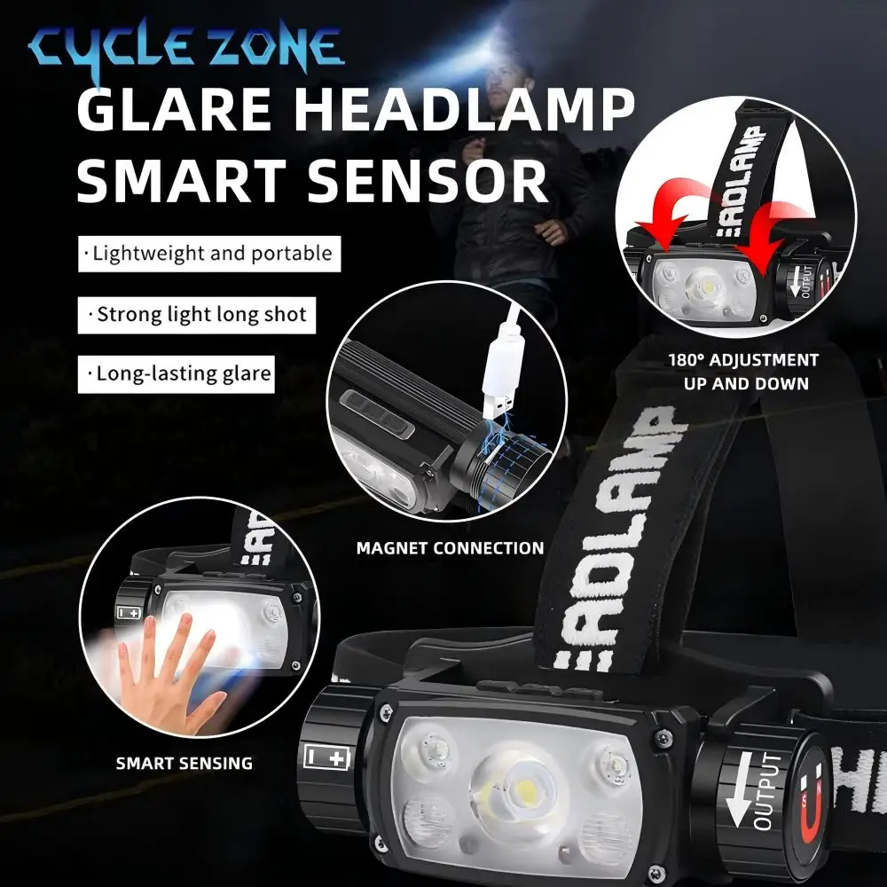 Sensor Headlamp with Magnet Rechargeable LED Headlight Induction Head Flashlight Outdoor Night Work Emergency Flash Red Lights