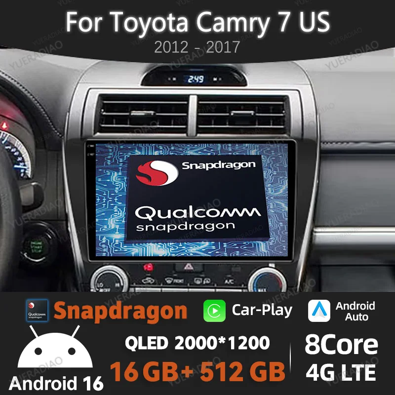 Radio para Auto Android 16 para Toyota Camry 7 US 2012-2017, Reproductor Multimedia de Video, BT, GPS, NAVI, Qualcomm, 2DIN, 4G, WIFI, Unidad Principal QLED