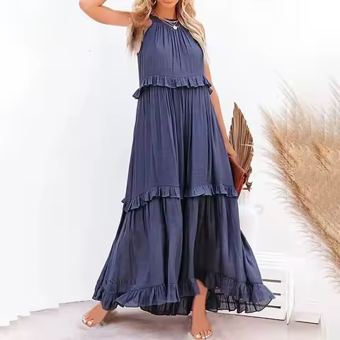 Summer Women's Sleeveless Ruffles Long Dress 2026 Elegant Harajuku Maxi Sundress for Beach Party Evening Casual Vestido