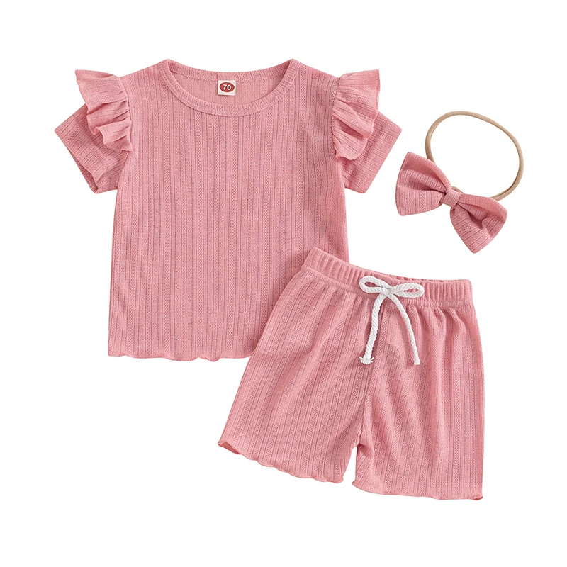 

3-Piece Toddler Baby Girls Summer Clothes Solid Color Short Sleeve Lettuce Trim Tops Shorts Set Infant Ribbed Outfits