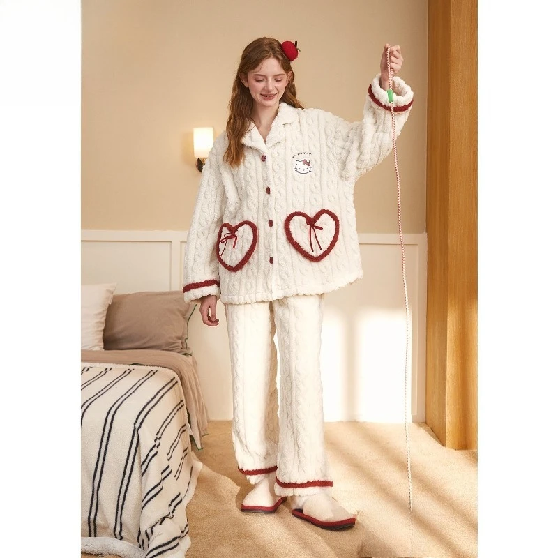 

Модные удобные осенне-зимние новые пижамы для девочек, пижамы Hello Kitty, популярный стиль, можно носить на улице, комплект домашней одежды