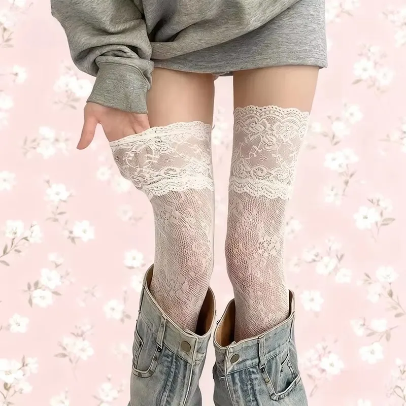 

Women's Sexy Lace Trim Nylon Fishnet Stockings Retro Floral Sweet Mesh Breathable Thigh High Long Socks JK Over The Knee Socks