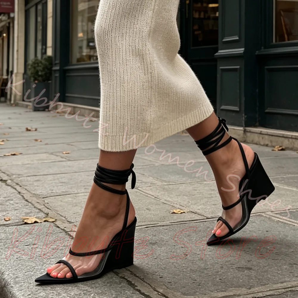 Multi Layer Ankle Wrap Sandal Thin Strap Clear Pointy Leather Solid Color Women Backless Casual Holiday Footwear Fashion Concise