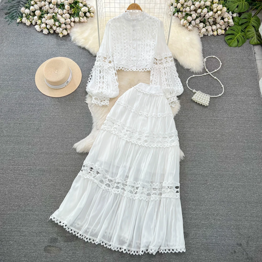 Elegant Women Skirt Sets One Breasted Hoolow Out Lantern Sleeve Tops+High Waist A-Line Ruched Skirts Two Pieces Female Suits