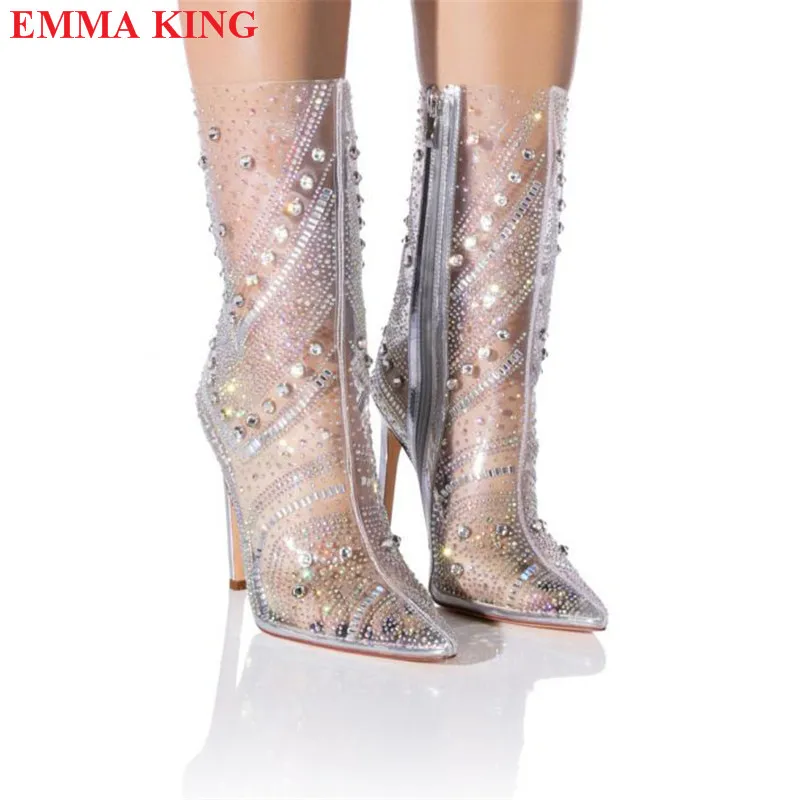 

Fashion PVC Pointy Toe Rhinestones Shoes Women's Stiletto Heel Clear Crystal Ankle Boots Luxury High Heel Party Botas Mujer 2022