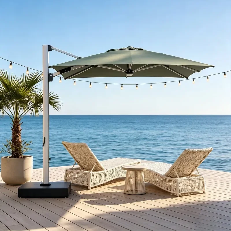 360 Rotating Solar LED Cantilever Patio Umbrella Aluminum Frame for Hotel Resort Poolside Projects