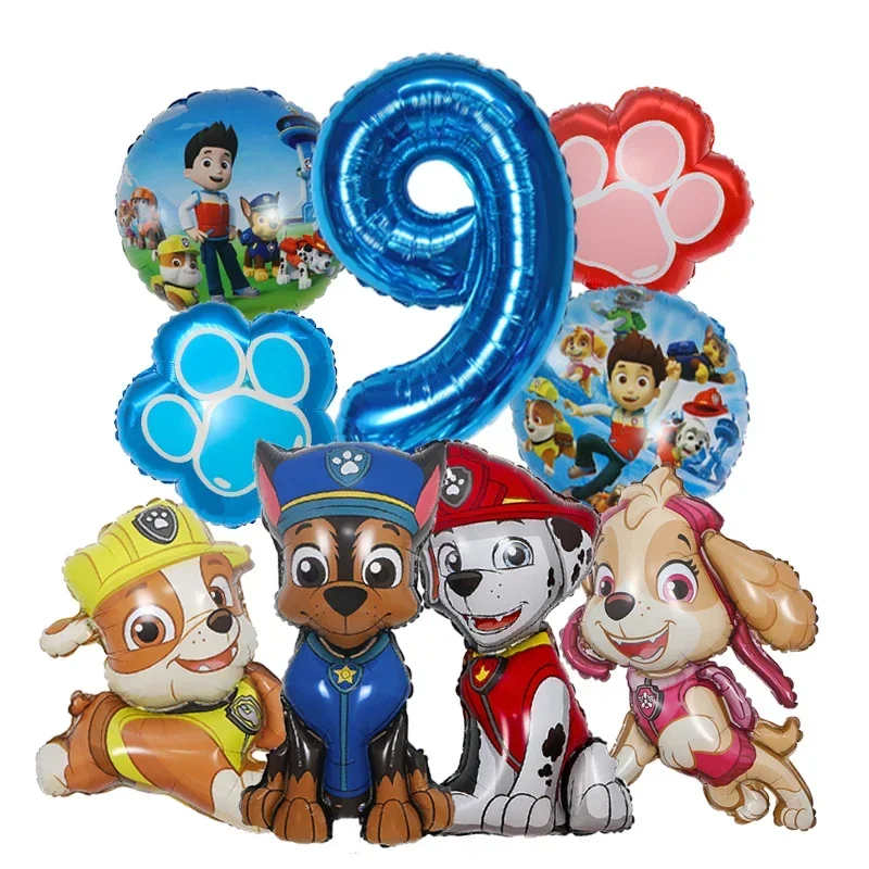 9-teiliges Cartoon Paw Patrol Folienballon-Set mit Zahlen, Rettungshunde-Partydekoration, Babygeschenk Chase Skye