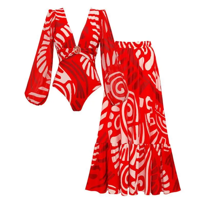 Women 2026 Flaxmaker Long Sleeve Elegant Swimsuit And Skirt Ladies Biquini Bodysuit Summer Deep V Neck One Piece Beachwear