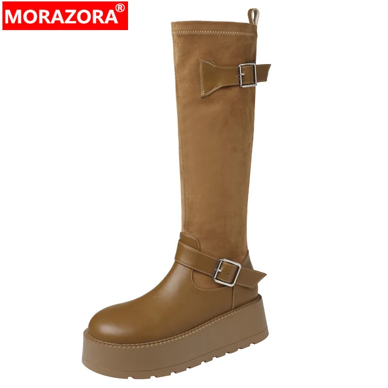 

MORAZORA 2024 New Genuine Leather Platform Buckle Boots For Women Chunky Heels Winter Boots Fashion Zipper Knee High Boots