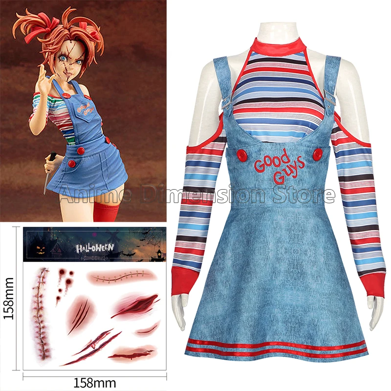 Chucky Cosplay Costumes Suspender Dress Movie Child's Play Role Paly Halloween Carnival Party Suit For Women Girls