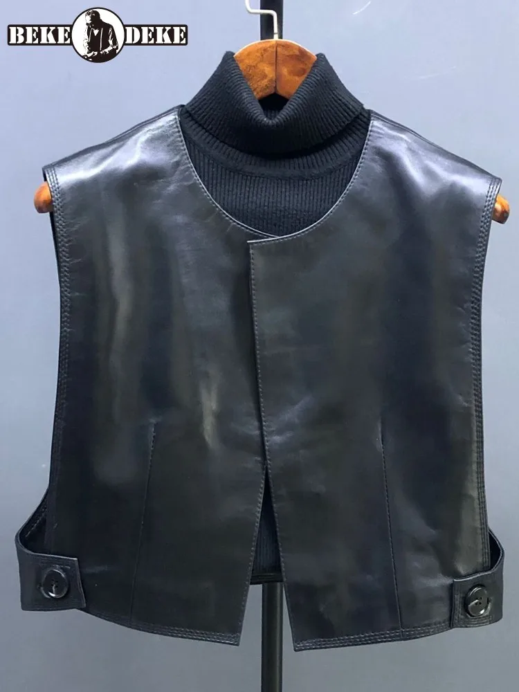 Leisure Style Female Solid Color Genuine Leather Top Quality Short Vest Loose Fashion Sheepskin Handmade Sleeveless Outerwear