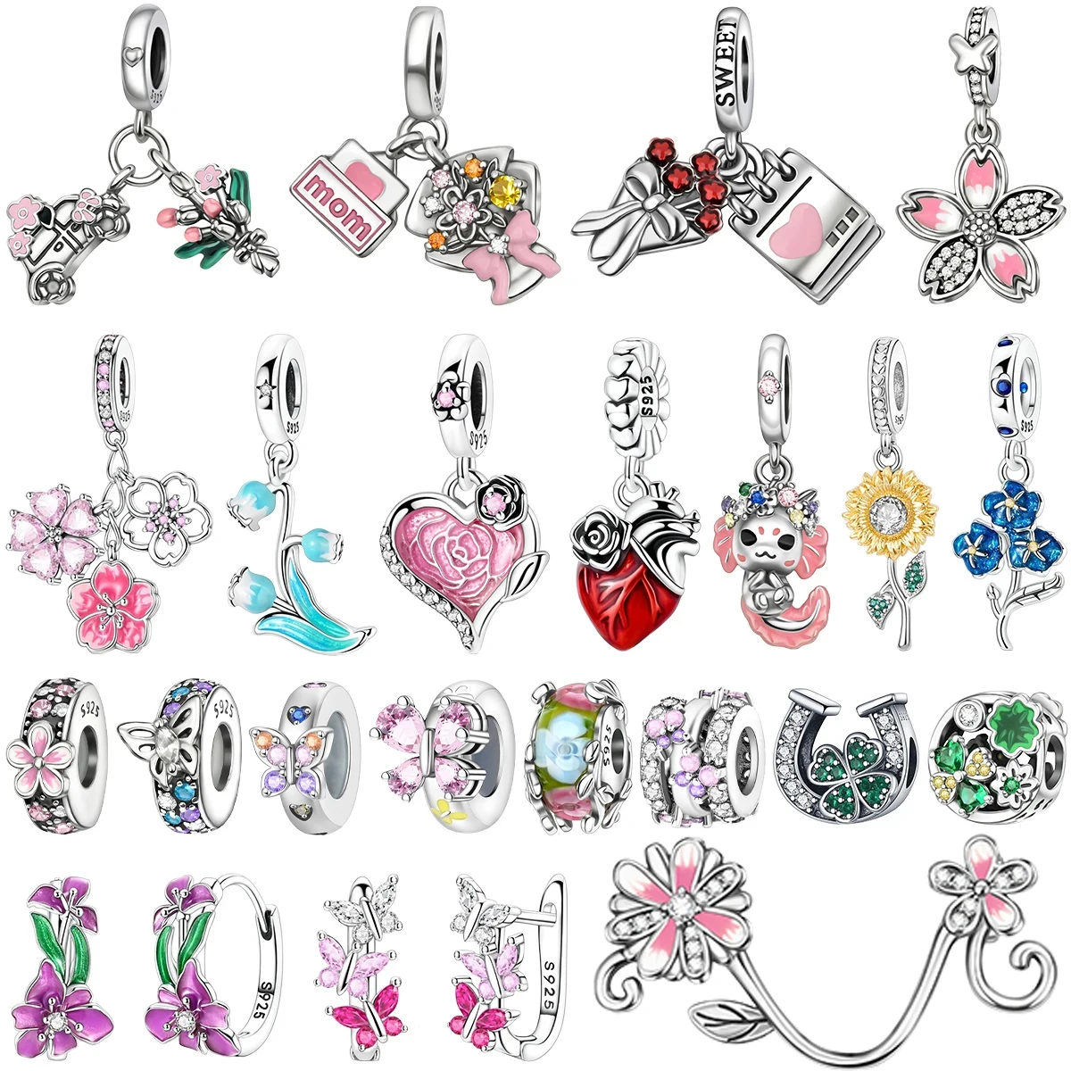 

Romantic 925 Sterling Silver Blooming Colorful Flowers Charms Four Leaf Clover Bead Earrings Original Bracelet Women DIY Jewelry