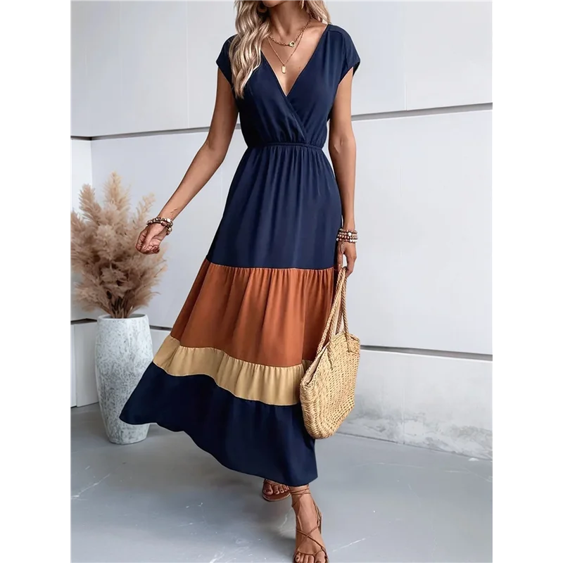 【SEE】Damen-Party-Farbblock-Kleid, hohe Taille, kurze Ärmel, Maxi-Kleid mit V-Ausschnitt, lässiges Kleid mit gerafftem Rüschensaum