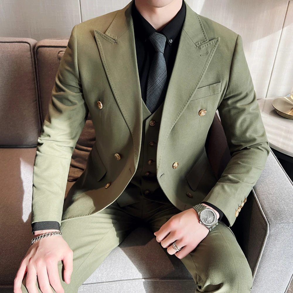 High-quality Solid Color Men's Suit (Blazer + Vest + Trousers) Double-Breasted Casual Elegant Fashion Simple Business Clothing