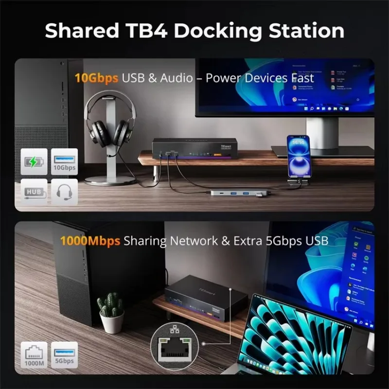 عرض ساخن لعام 2025 قاعدة TESmart Dual 4K60 هرتز Thunderbolt 4 KVM لأجهزة الكمبيوتر المحمول و1 سطح المكتب EDID والألعاب والهجينة WFH DP + + USB C K