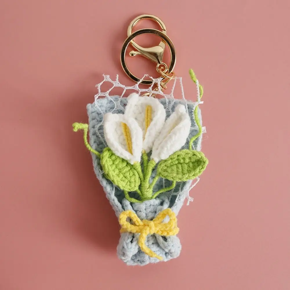 Creative Handmaking Crochet Keyrings Sweet Cute Flower Keyrings Knitted Flowers Roses Tulips Mini Bouquet Keychain Women Girls