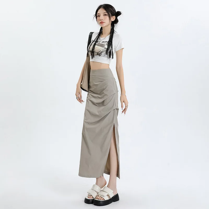 

Summer Thin High Waisted Pleated Split Half Skirt Medium Length A-line Wrap Buttocks, Versatile Half Skirt for Women P981