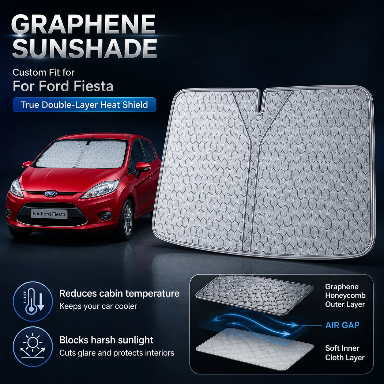 For Ford Fiesta Graphene Windshield Sunshade Custom Fit Car Sunshade UV Sun Protection Car Accessories