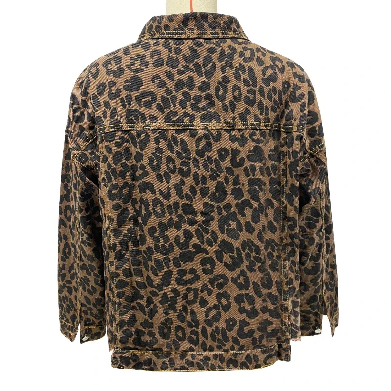2024 Spring And Autumn Denim Coat Leopard Print Long Sleeve Short Loose Casual Coat For Women