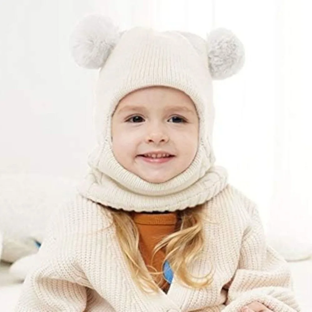 

Холодостойкий шарф-маска, интегрированная шапка, теплая подкладка, детская ветрозащитная шапка с капюшоном 4 в 1, теплая шапка для шеи, меховые шарики, декор